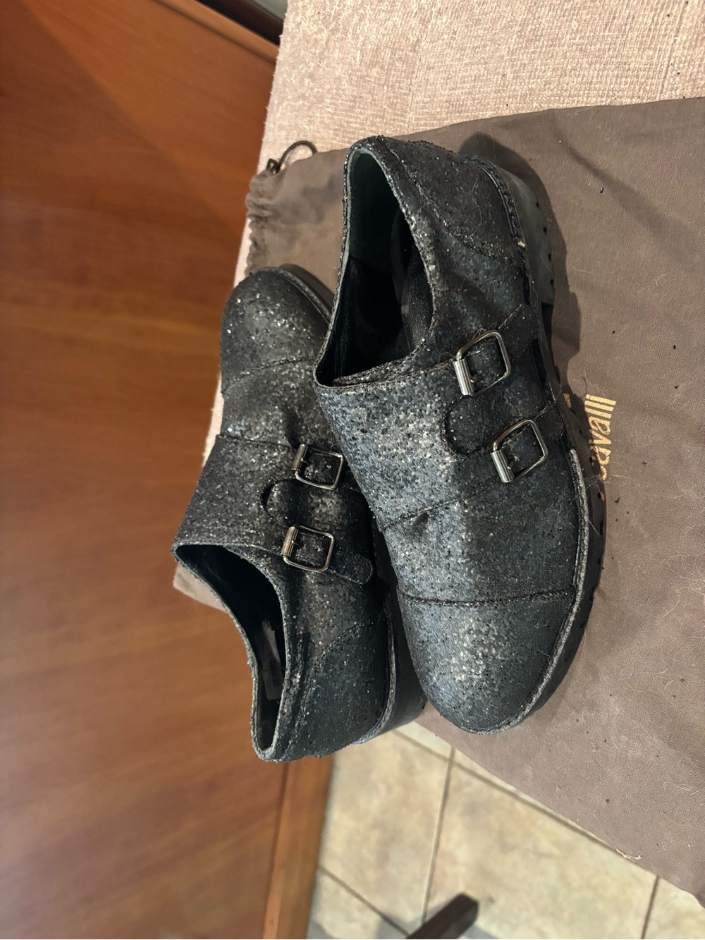Just Cavalli Black Glitter Double Monk-Strap Shoes